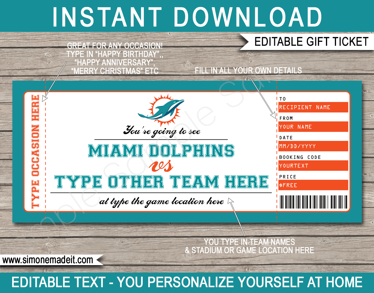 Miami Dolphins Game Ticket de regalo de regalo |